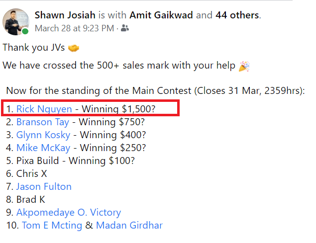 Main contest standings - #1 placement winning $1,500