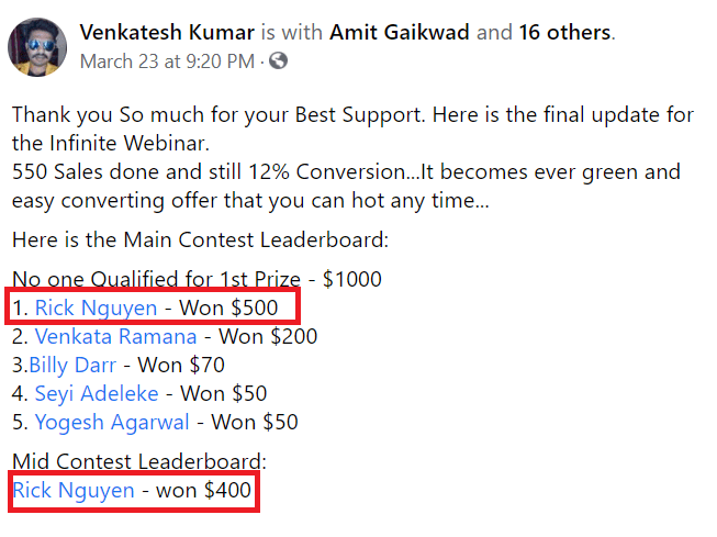 Infinite Webinar main contest - #1 placement winning $500